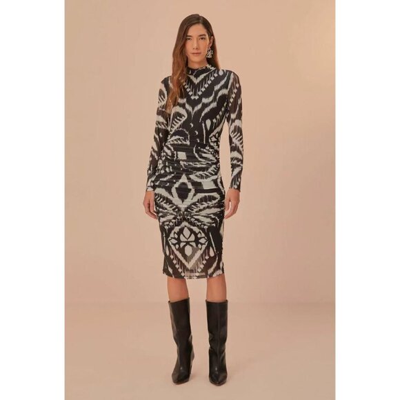 Farm Rio Dresses & Skirts - NWT Farm Rio Pineapple Ikat Tulle Midi Dress Long Sleeves Size S Black and White